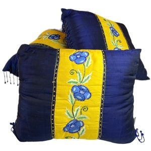 ITR Embroidered Beaded Home Accent Decorative Pillows Blue Yellow